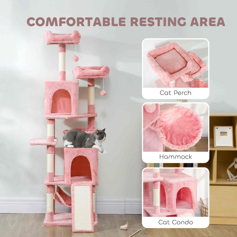 PawHut Cat Tree, 70" Multi-Level Cat Tower with 2 Condos, 2 Perches, Hammock, Toy Balls, Scratching Posts and Board, Pink