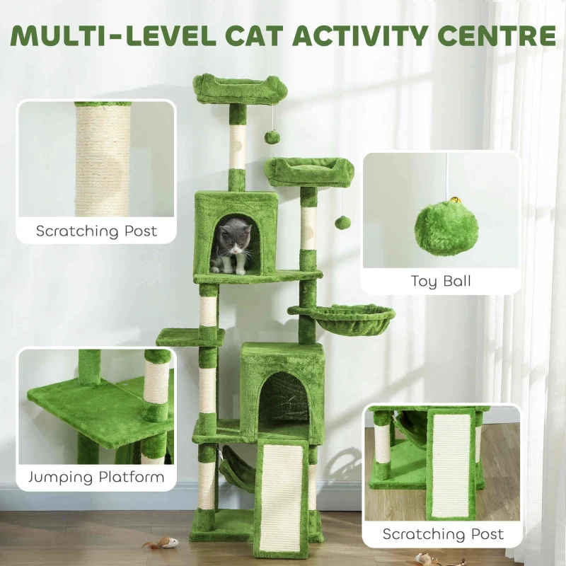 PawHut Cat Tree, 70" Multi-Level Cat Tower with 2 Condos, 2 Perches, Hammock, Toy Balls, Scratching Posts and Board, Green