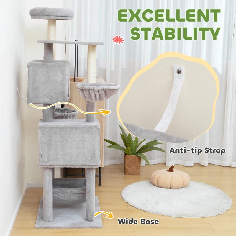 PawHut 66 Inch Large Cat Tree with 2 Door Condos, 3 Big Hammocks, Plush Top Perch, Sisal Scratching Posts, Light Grey