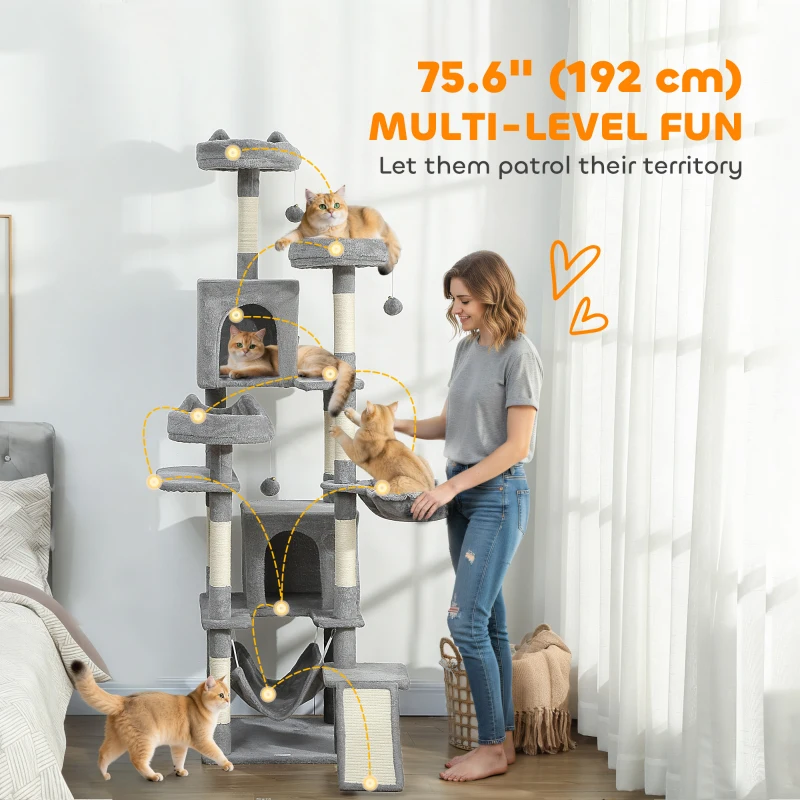 PawHut 76" Large Cat Tree for Indoor Cats with 8 Scratching Posts, 3 Plush Beds, 2 Hammocks, 2 Large Condos, Ramp, Light Grey