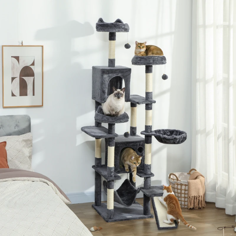 PawHut 76" Large Cat Tree for Indoor Cats with 8 Scratching Posts, 3 Plush Beds, 2 Hammocks, 2 Large Condos, Ramp, Dark Grey