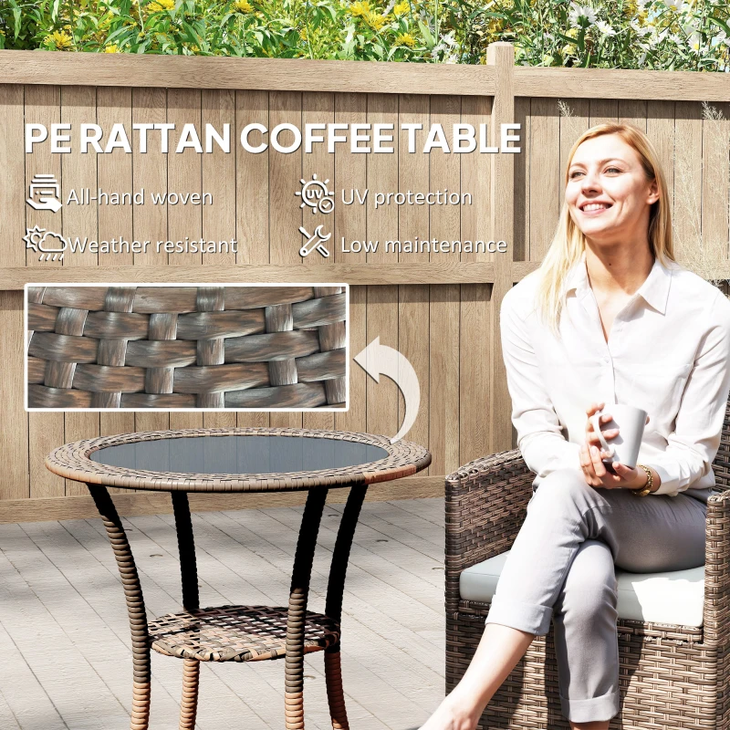 Outsunny Outdoor Rattan Dining Table, Patio Wicker Round Coffee Table with 2-Tier Storage Shelf, Brown
