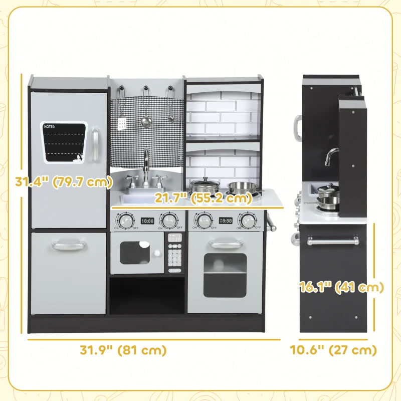 Qaba Play Kitchen for Kids, Pretend Kids Kitchen Playset with Switch Knob Sound, Accessories for Ages 3-8 Years, Dark Brown