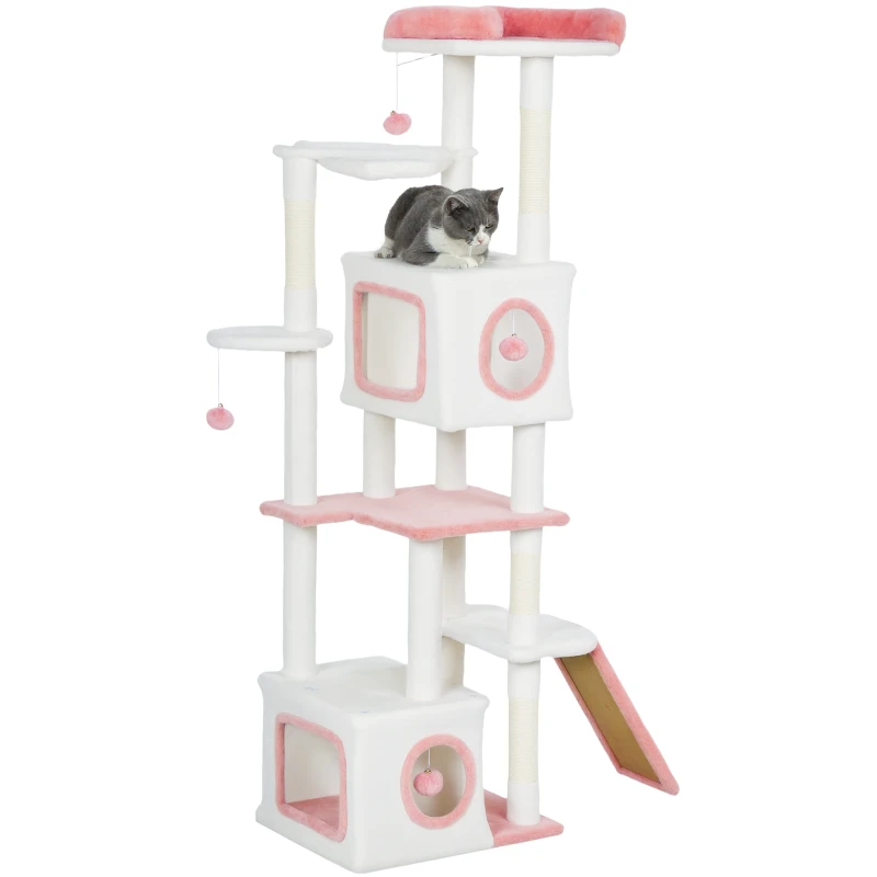 PawHut 65 Inch Cat Tree with 2 Doors Condos, Plush Top Perch, Hammock, Sisal Scratching Posts, 4 Pompoms, Ramp, White