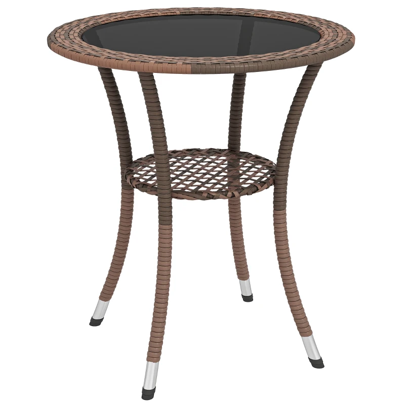 Outsunny Outdoor Rattan Dining Table, Patio Wicker Round Coffee Table with 2-Tier Storage Shelf, Brown