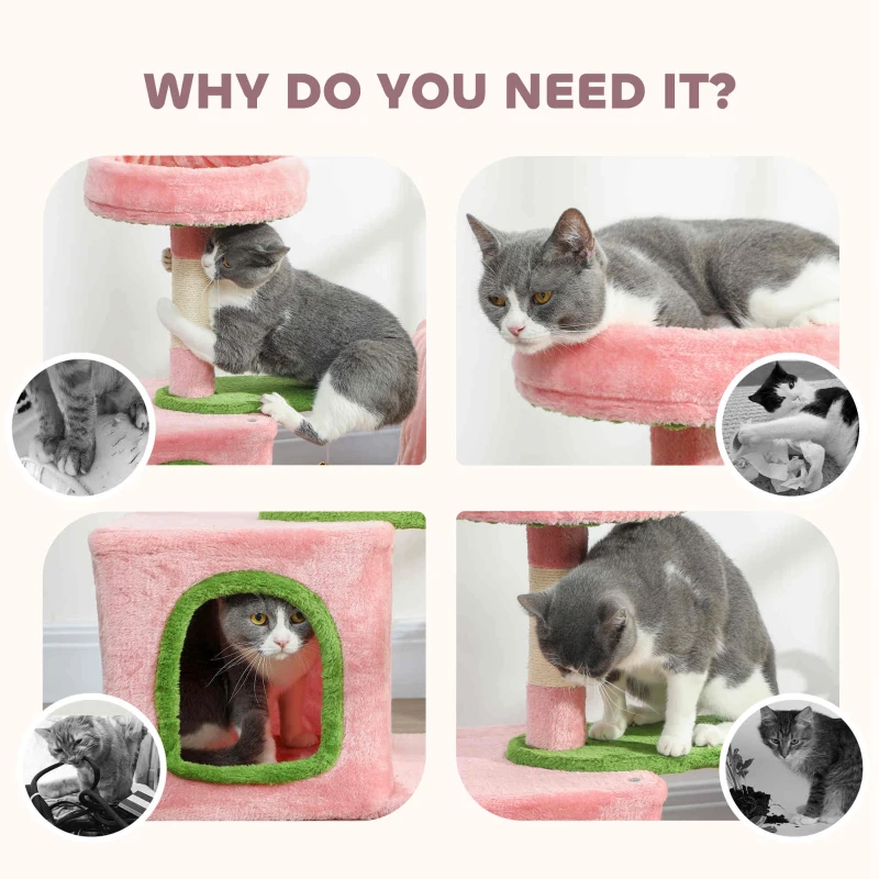 PawHut 28" Cat Tree Tower with Plush Top Bed, Cozy Condo, Sisal Scratching Post, Perch, Dangling Ball, Pink & Green