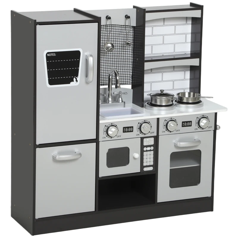 Qaba Play Kitchen for Kids, Pretend Kids Kitchen Playset with Switch Knob Sound, Accessories for Ages 3-8 Years, Dark Brown