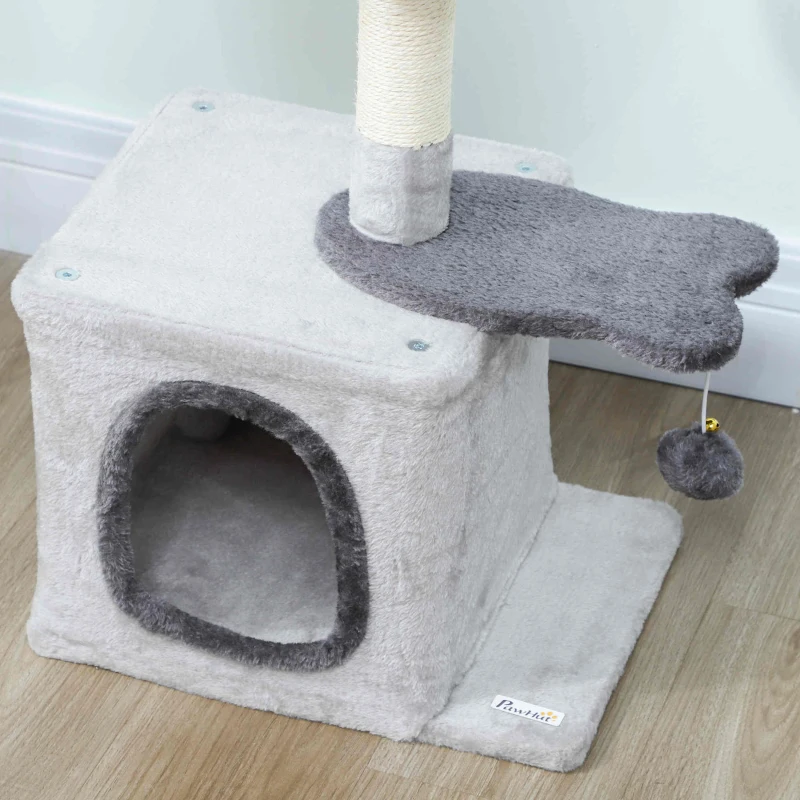 PawHut 28" Cat Tree Tower with Plush Top Bed, Cozy Condo, Sisal Scratching Post, Perch, Dangling Ball, Light Grey