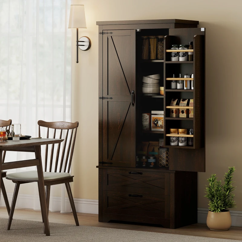 HOMCOM Farmhouse Kitchen Pantry Storage Cabinet, 64" Freestanding Kitchen Pantry Cabinet with Drawers, Distressed Dark Brown