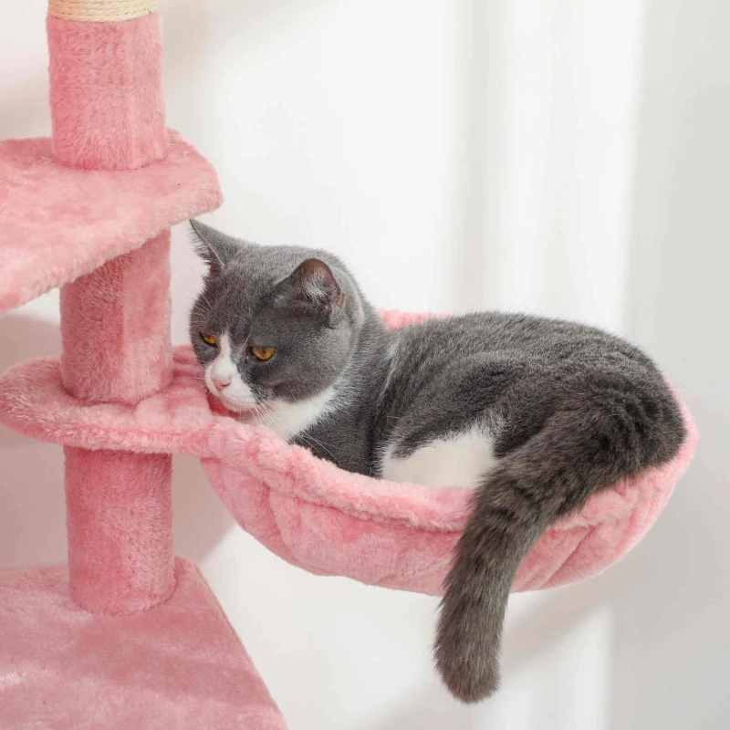 PawHut Cat Tree, 70" Multi-Level Cat Tower with 2 Condos, 2 Perches, Hammock, Toy Balls, Scratching Posts and Board, Pink