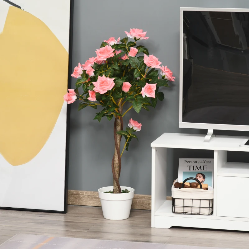 Outsunny 3FT Artificial Plant Pink Rose Floral in Pot, Fake Plant for Home Indoor Decor