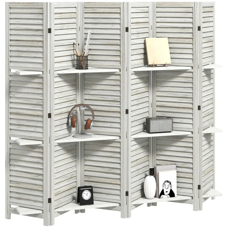 HOMCOM 6 Panel 67" Tall Wood Privacy Screen Room Divider with 3 Shelves and Folding Storage for Bedroom, White