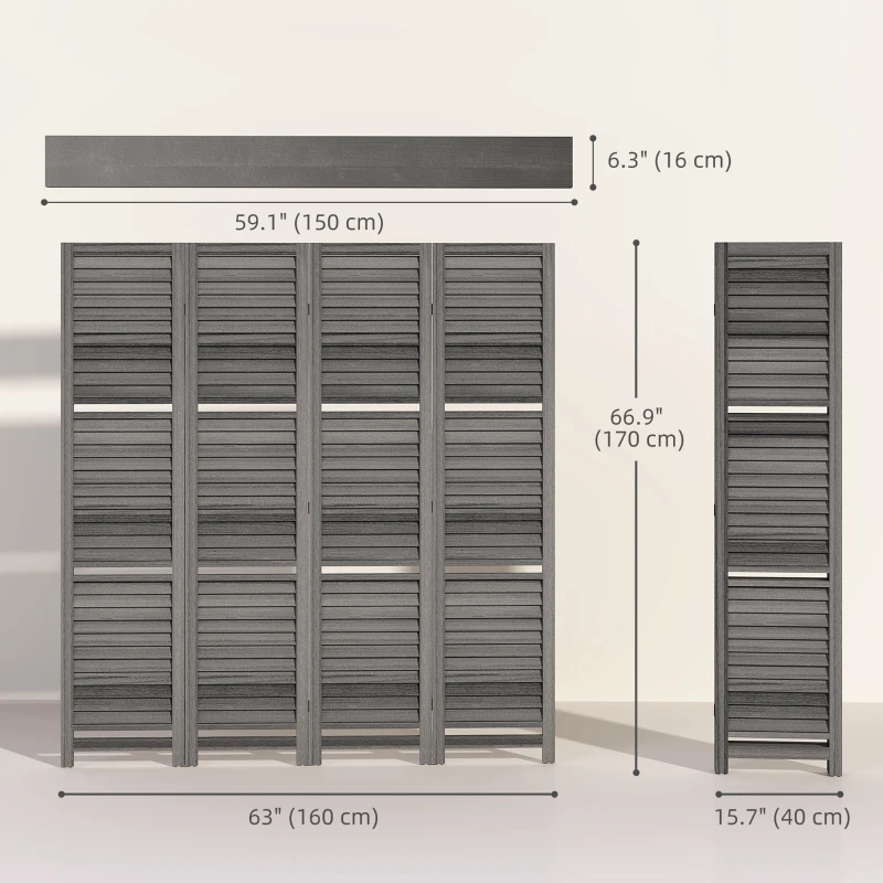 HOMCOM 4-Panel Wall Partition Room Separator with 3 Storage Shelves Foldable Design Wooden Frame 5.6FT Grey