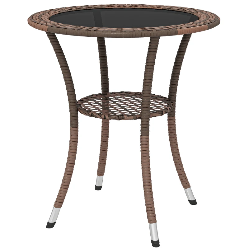 Outsunny Outdoor Rattan Dining Table, Patio Wicker Round Coffee Table with 2-Tier Storage Shelf, Brown
