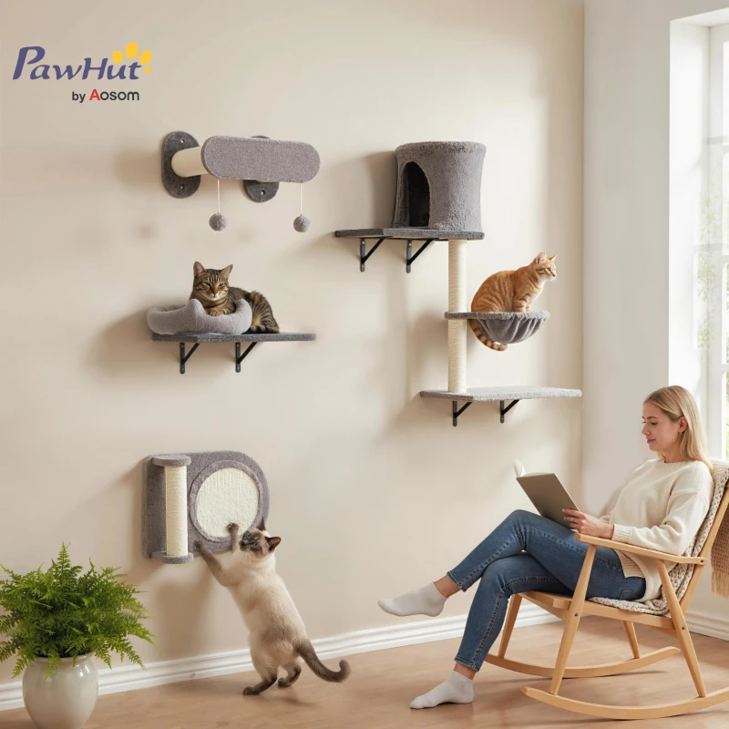 PawHut 4Pcs Cat Wall Shelves with Scratching Post & Pad, Condo, Hammock, Bed, Step, Hanging Pompoms, Perches