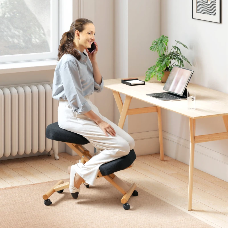 HOMCOM Ergonomic Kneeling Chair, Posture Chair with Rubberwood Frame, Rolling Wheels for Home Office, Posture Correction, Black