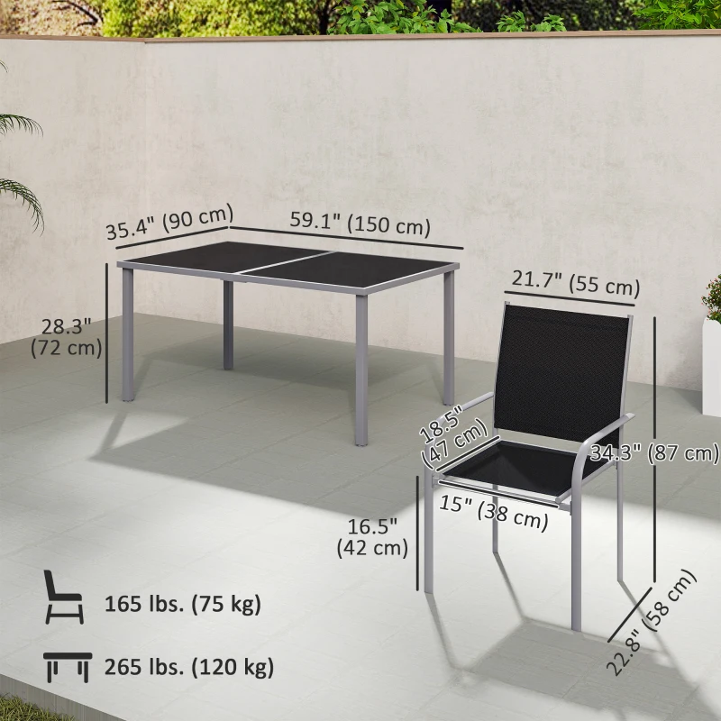 Outsunny 7 Piece Outdoor Patio Dining Set with Table and 6 Stackable Chairs, Steel Frame, Tempered Glass Top, Mesh Seats, Black