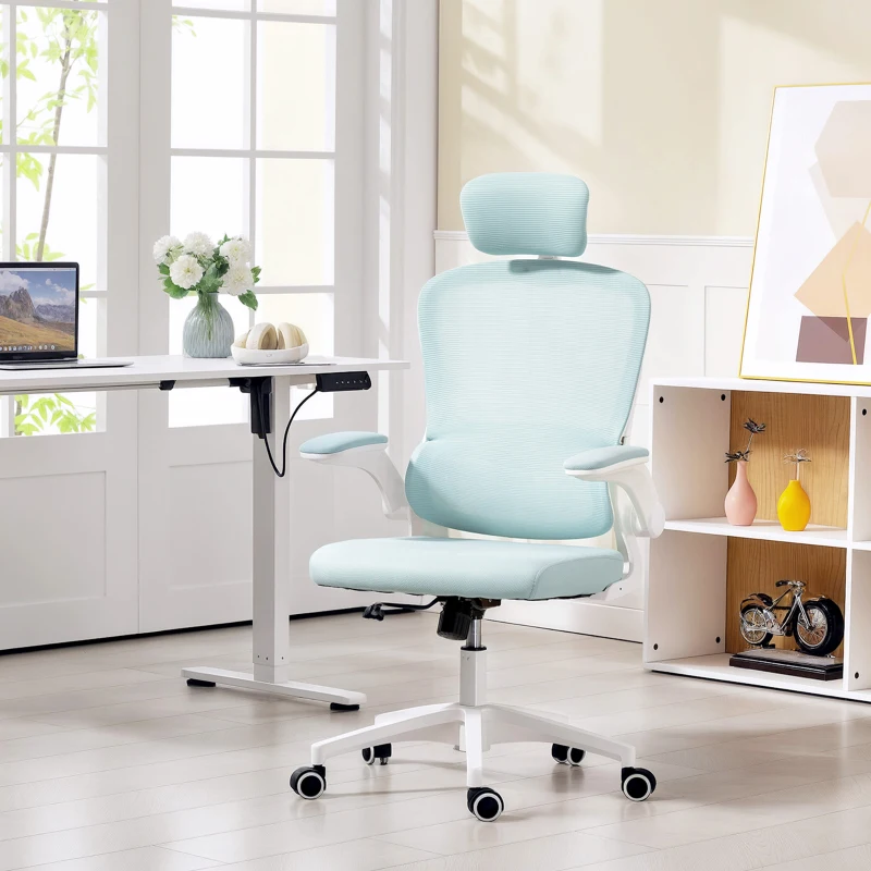 HOMCOM Ergonomic Mesh Office Chair, High Back Desk Chair with Rotatable Headrest, Flip-Up Armrests, Lumbar Support, Light Green