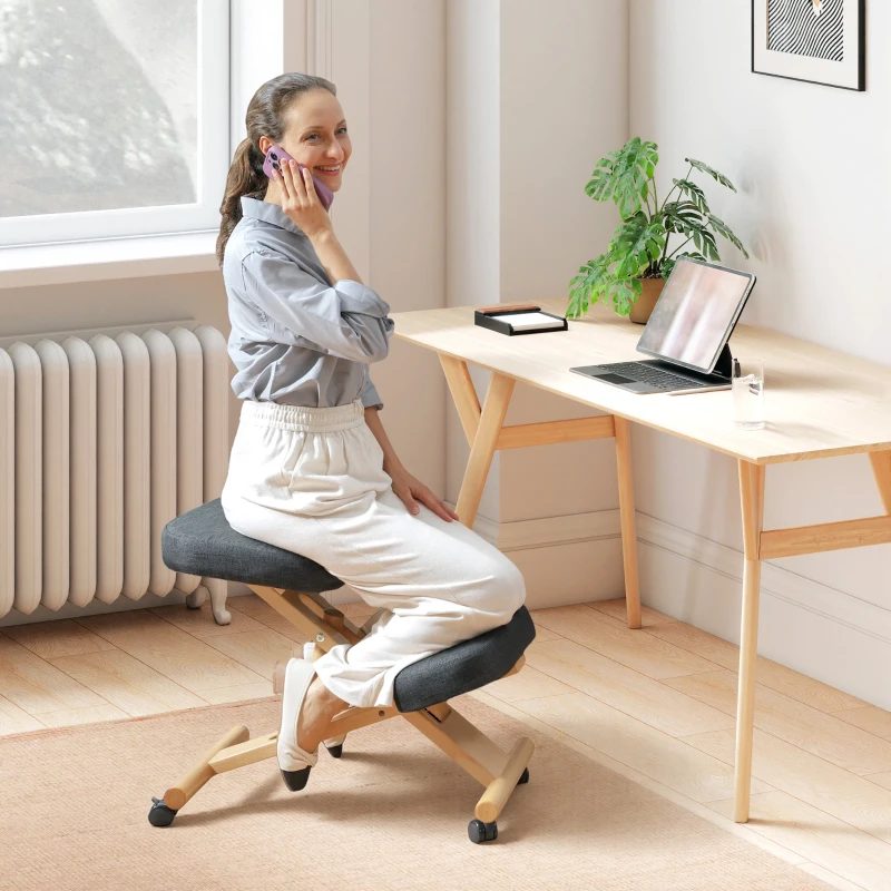 HOMCOM Ergonomic Kneeling Chair, Posture Chair with Rubberwood Frame, Wheels for Home Office, Posture Correction, Dark Grey