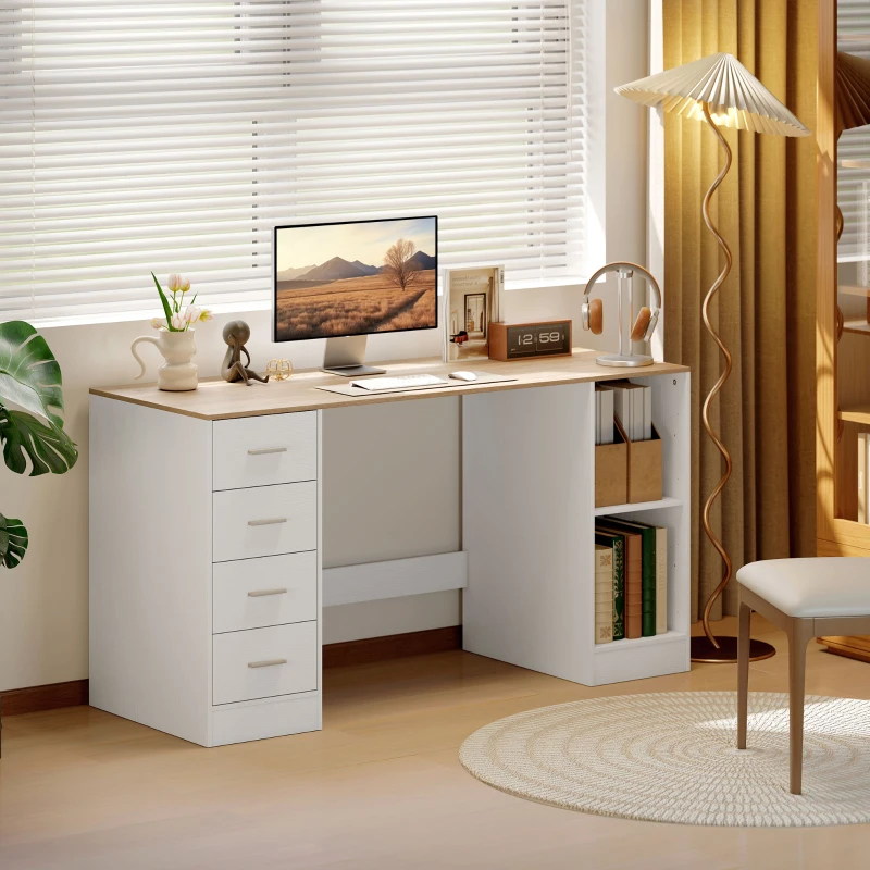 HOMCOM Office Desk, 55" Computer Desk with 4 Reversible Drawers, Mobile PC Stand, Adjustable Shelf, White Wood Grain