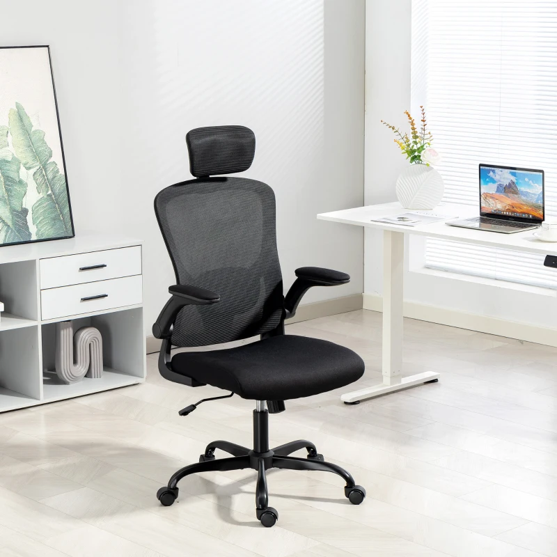 HOMCOM Ergonomic Office Chair, Mesh Desk Chair with Adjustable Headrest, Lumbar Support and Height, Flip-Up Armrests, Black