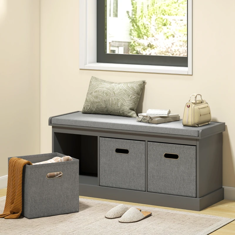 HOMCOM Shoe Storage Bench with Seat, Entryway Bench Seat with Cushion, 3 Fabric Drawers for Hallway, Dark Grey