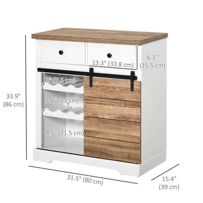 HOMCOM Rustic Barn Door Storage Cabinet, Farmhouse Buffet Sideboard for Kitchen and Dining Room White