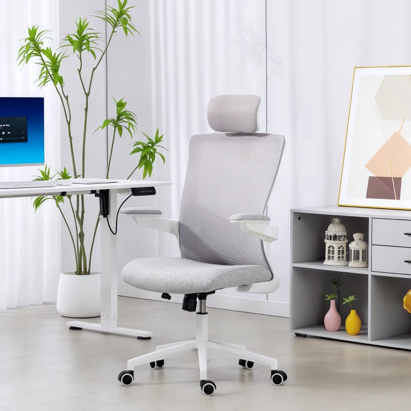 HOMCOM Ergonomic Office Chair, Swivel Desk Chair with Adjustable Lumbar Support, Headrest and Height, Flip-up Armrests, Grey
