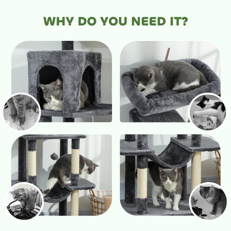PawHut 69" Cat Tree, Multi-Level Cat Tower with 2 Condos, Plush Perch and Sisal Scratching Posts, Dark Grey