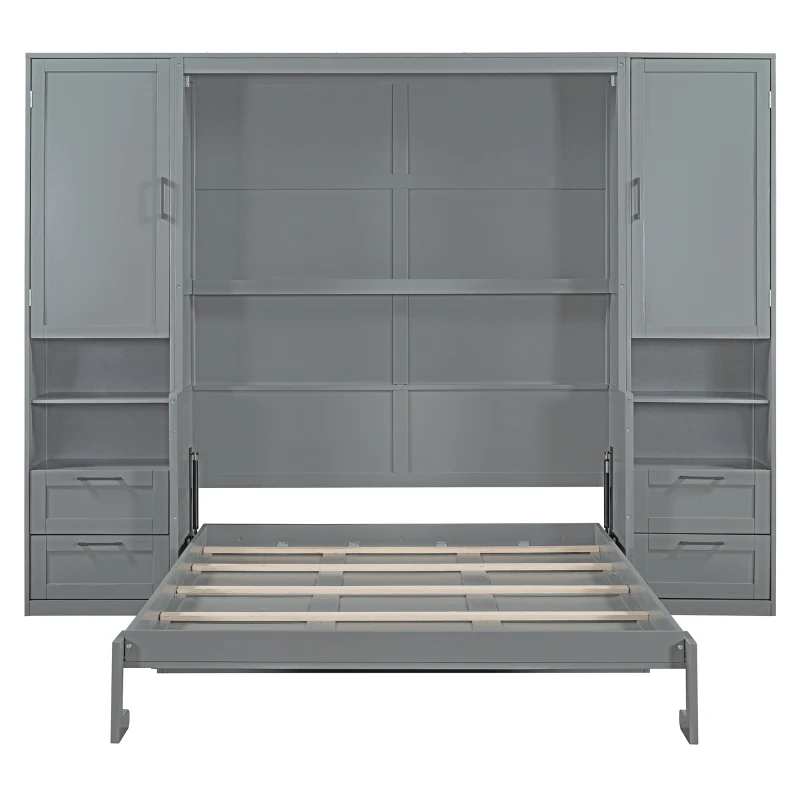 Modern Queen Size Murphy Bed with Closet, Drawers and Shelves, Space-saving Wall Bed with Integrated Storage, 114" L x 17" W x 87" H, Grey