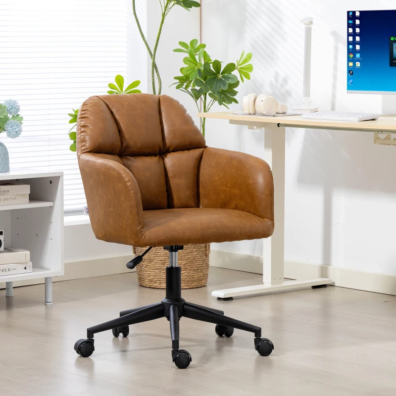 HOMCOM Swivel Office Chair, Faux Leather Desk Chair with Adjustable Height for Living Room, Bedroom, Study, Brown