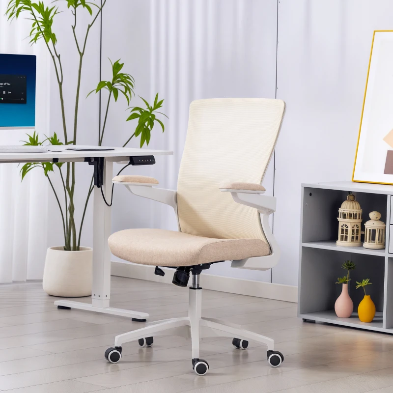 HOMCOM Ergonomic Office Chair, Swivel Desk Chair with Adjustable Lumbar Support and Height, Flip-up Armrests, Wheels, Beige