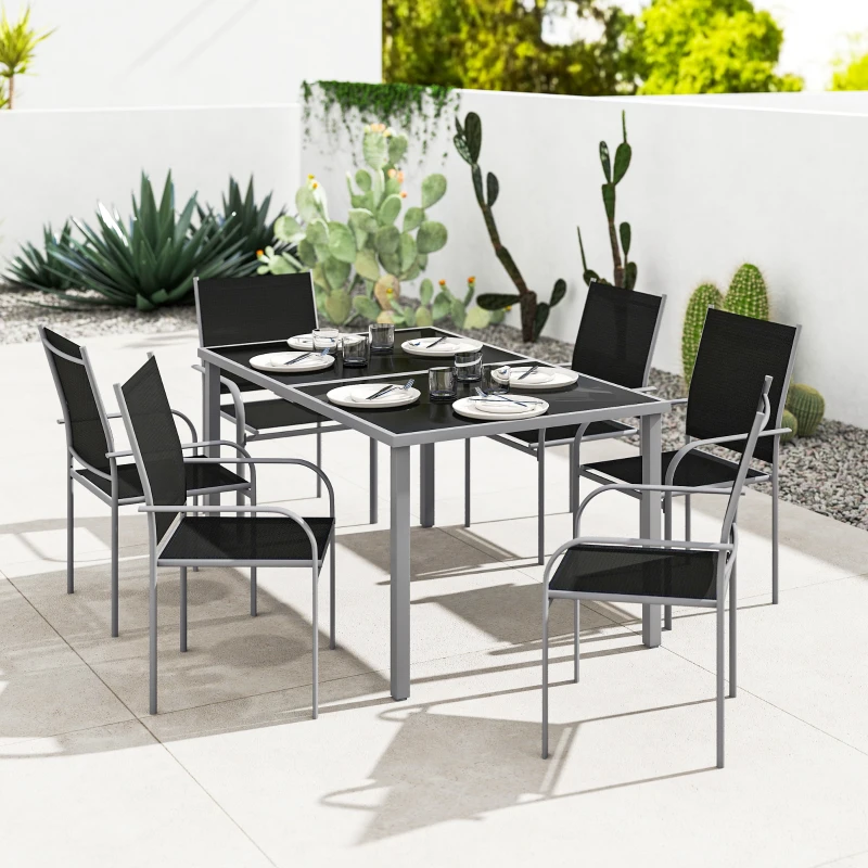 Outsunny 7 Piece Outdoor Patio Dining Set with Table and 6 Stackable Chairs, Steel Frame, Tempered Glass Top, Mesh Seats, Black
