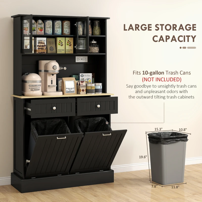 HOMCOM Kitchen Cabinet with Charging Station, 2 Tilt Out Cabinets, Microwave Stand, Freestanding Kitchen Pantry Cabinet, Black