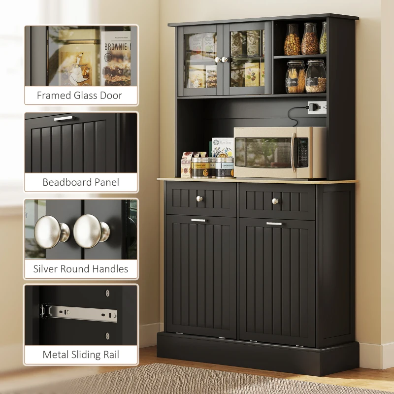 HOMCOM Kitchen Cabinet with Charging Station, 2 Tilt Out Cabinets, Microwave Stand, Freestanding Kitchen Pantry Cabinet, Black