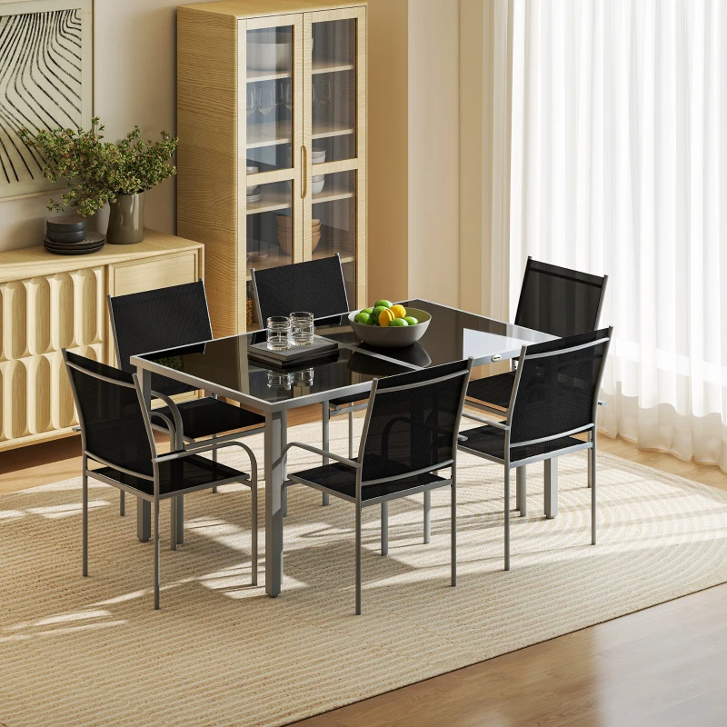 Outsunny 7 Piece Outdoor Patio Dining Set with Table and 6 Stackable Chairs, Steel Frame, Tempered Glass Top, Mesh Seats, Black