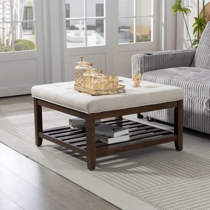 HOMCOM Ottoman Coffee Table, 32 Inch Square Footrest Ottoman with Storage, Linen Upholstered Tufted Footstool, Beige