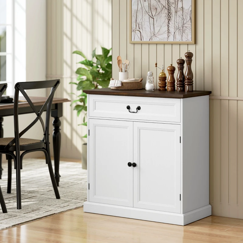 HOMCOM Buffet Cabinet, 32" Farmhouse Sideboard with Thick Top, Quiet Drawer and Adjustable Shelf, White Wood Grain