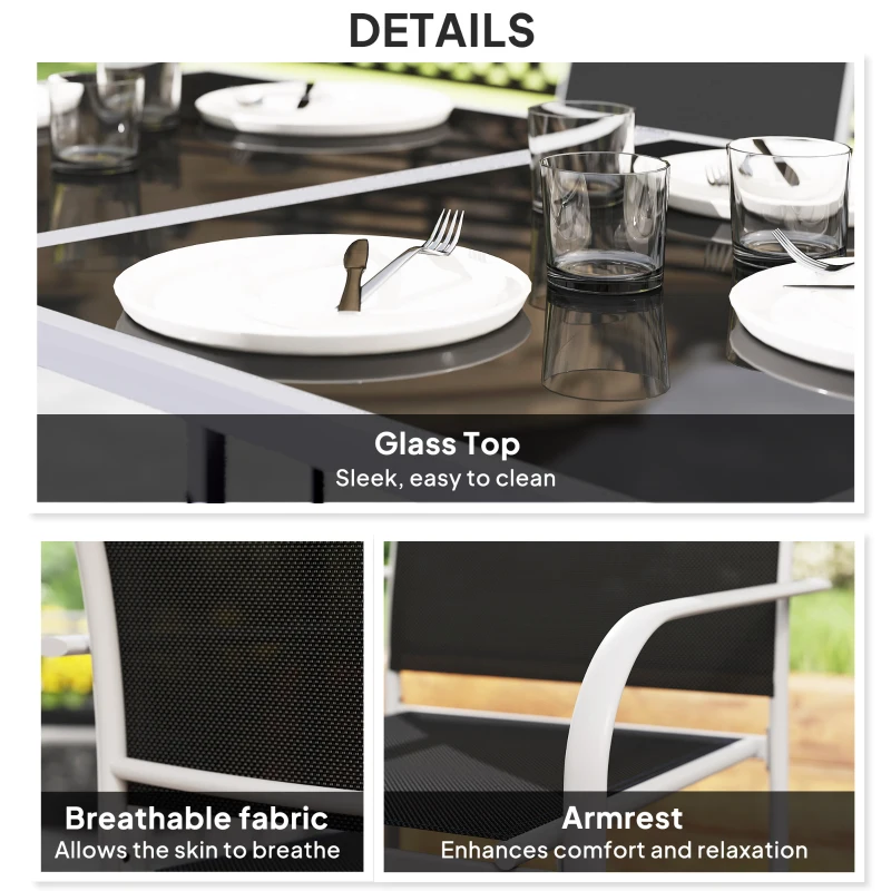 Outsunny 7 Piece Outdoor Patio Dining Set with Table and 6 Stackable Chairs, Steel Frame, Tempered Glass Top, Mesh Seats, Black