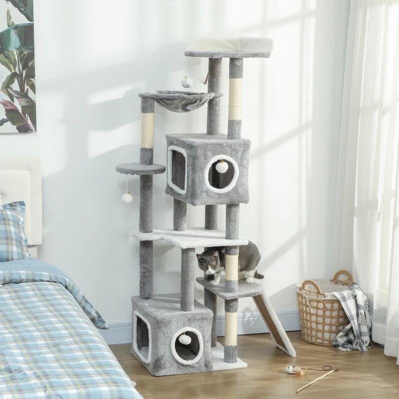 PawHut 65 Inch Cat Tree with 2 Doors Condos, Plush Top Perch, Hammock, Sisal Scratching Posts, 4 Pompoms, Ramp, Grey