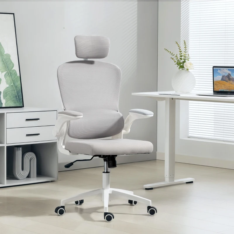 HOMCOM Ergonomic Mesh Office Chair, High Back Desk Chair with Rotatable Headrest, Flip-Up Armrests, Lumbar Support, Grey
