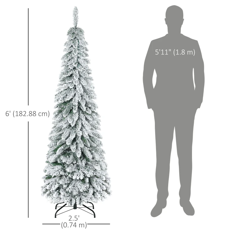 HOMCOM 6' Artificial Slim Flocked Christmas Trees, with Snow Frosted Branches, Downswept Shape, Steel Base