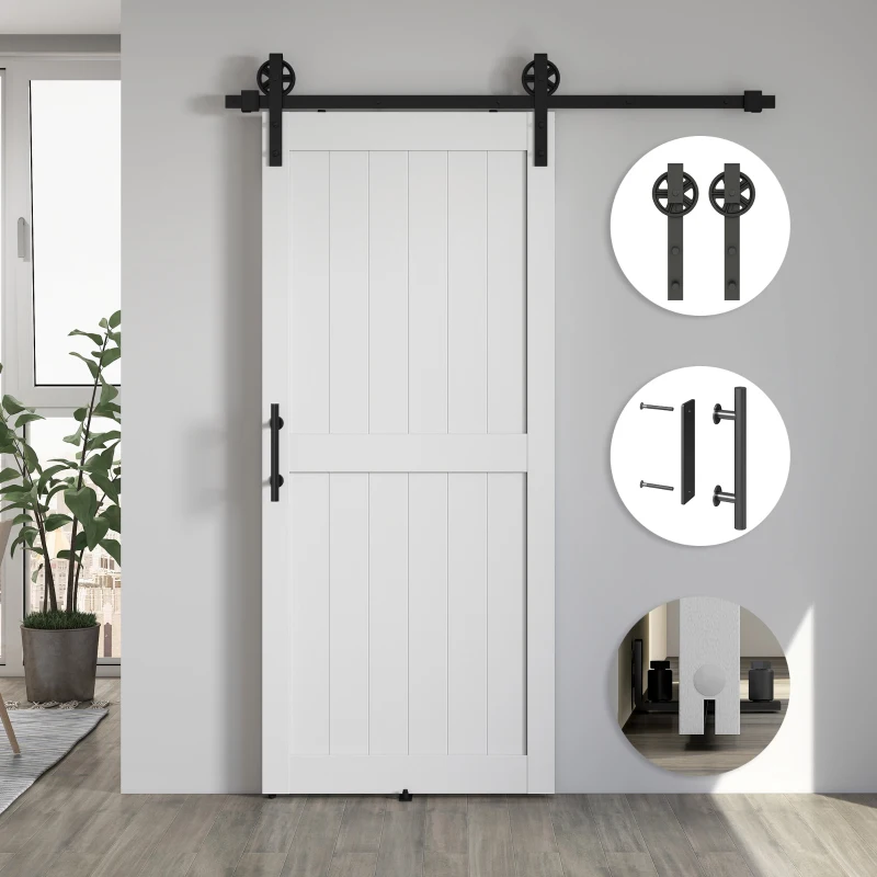 HOMCOM 36inx84in Barn Door with 6FT Sliding Door Hardware Kit, Handle, Upgraded Rollers and Floor Guide, Waterproof, White