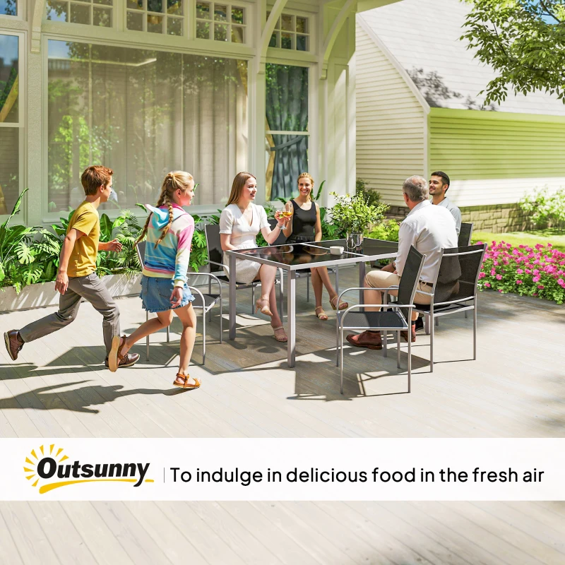 Outsunny 7 Piece Outdoor Patio Dining Set with Table and 6 Stackable Chairs, Steel Frame, Tempered Glass Top, Mesh Seats, Black