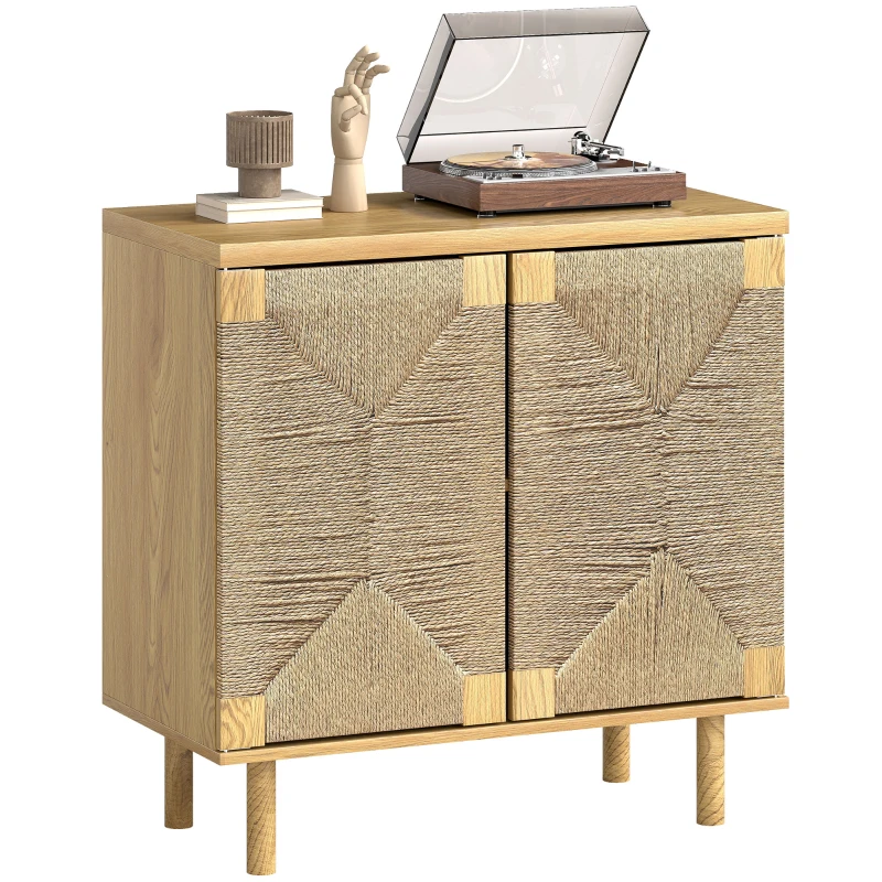 HOMCOM Handwoven Rope Accent Cabinet Boho Sideboard Buffet Cabinet with Push to Open Doors Adjustable Shelf Pine Wood Legs Oak