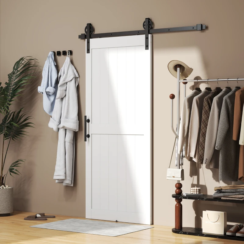 HOMCOM 36inx84in Barn Door with 6FT Sliding Door Hardware Kit, Handle, Upgraded Rollers and Floor Guide, Waterproof, White