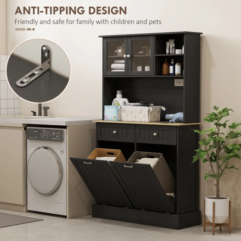 HOMCOM Kitchen Cabinet with Charging Station, 2 Tilt Out Cabinets, Microwave Stand, Freestanding Kitchen Pantry Cabinet, Black