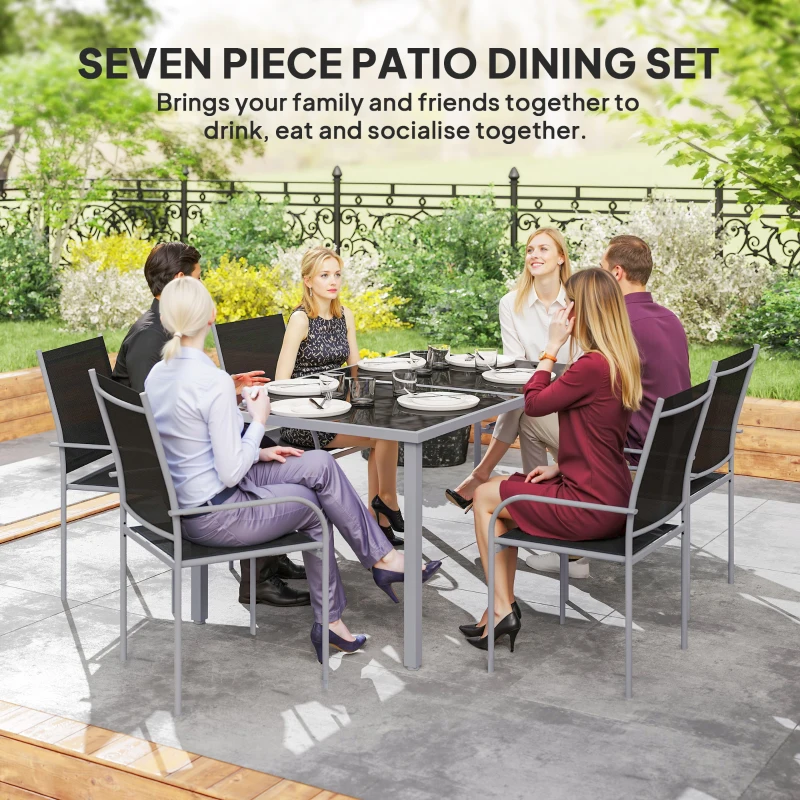 Outsunny 7 Piece Outdoor Patio Dining Set with Table and 6 Stackable Chairs, Steel Frame, Tempered Glass Top, Mesh Seats, Black