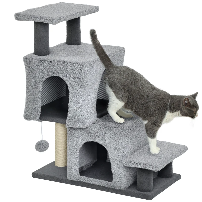 PawHut 4-Step Pet Stairs, Adjustable Height Cat Stairs with Scratching Posts Cat Condo, Hanging Ball for High Bed, Grey