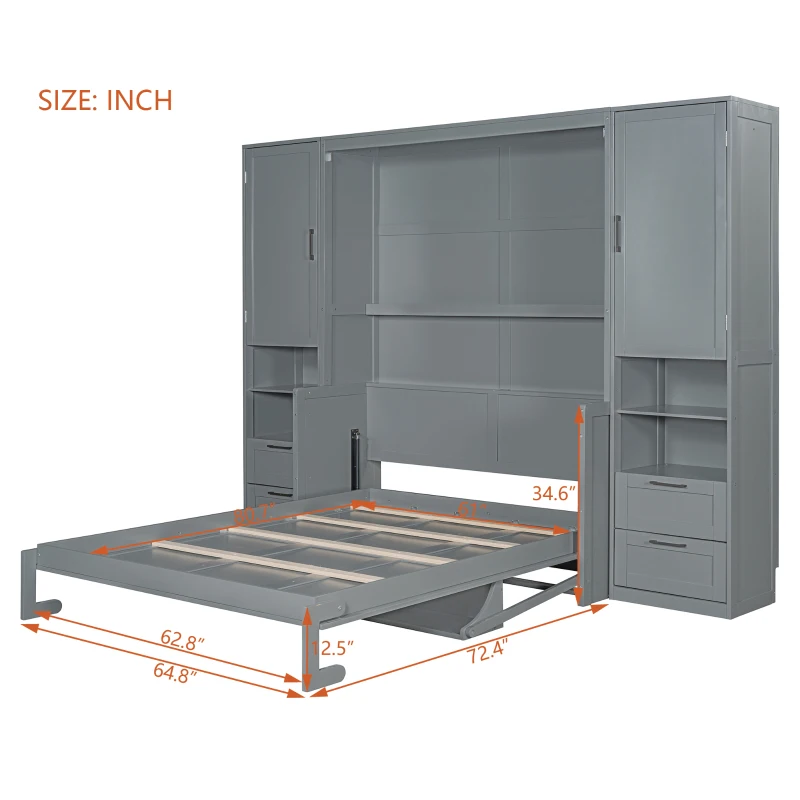 Modern Queen Size Murphy Bed with Closet, Drawers and Shelves, Space-saving Wall Bed with Integrated Storage, 114" L x 17" W x 87" H, Grey